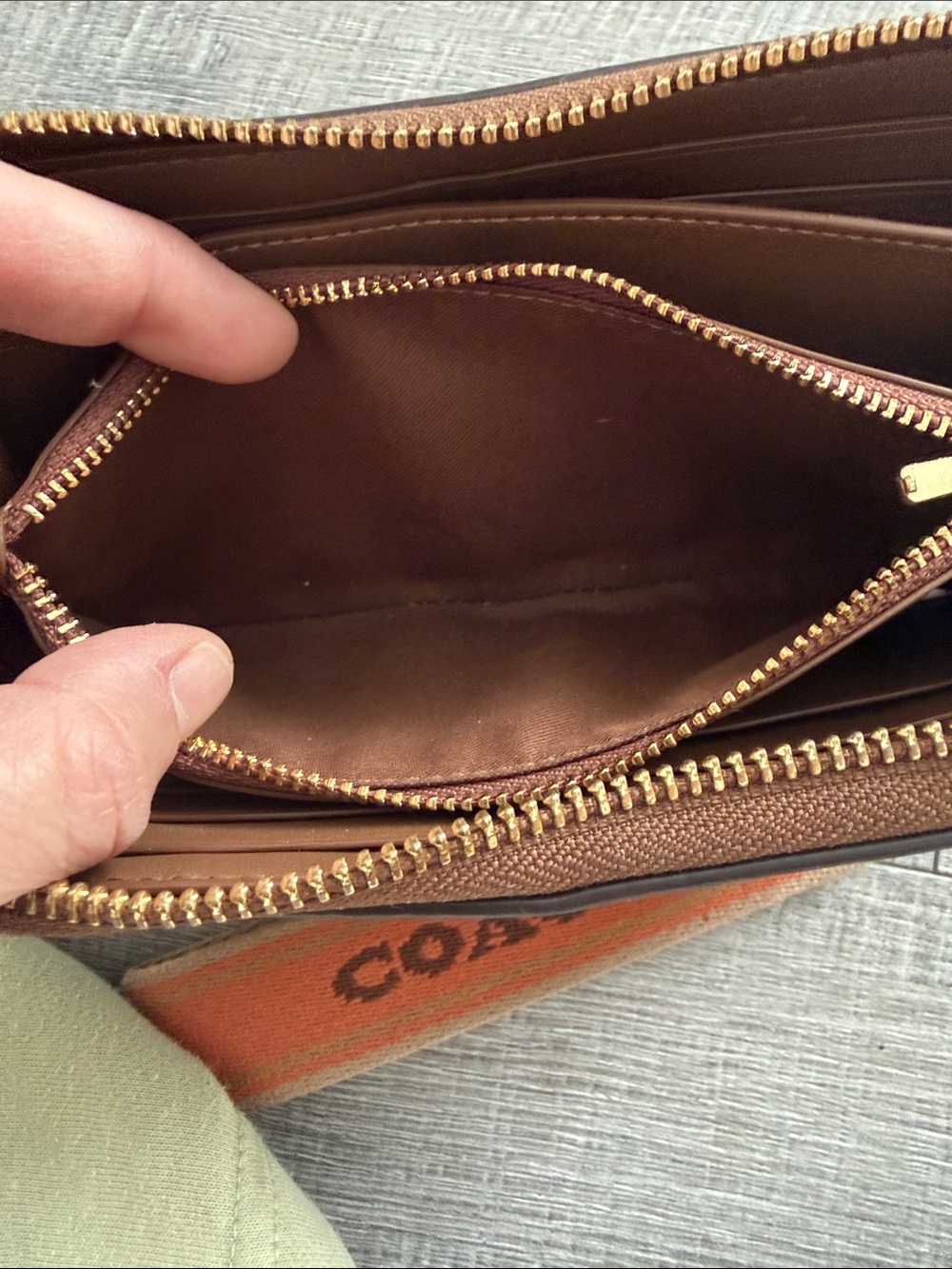 Coach Brown Signature Canvas Wristlet with Orange Strap - Picture 13 of 13